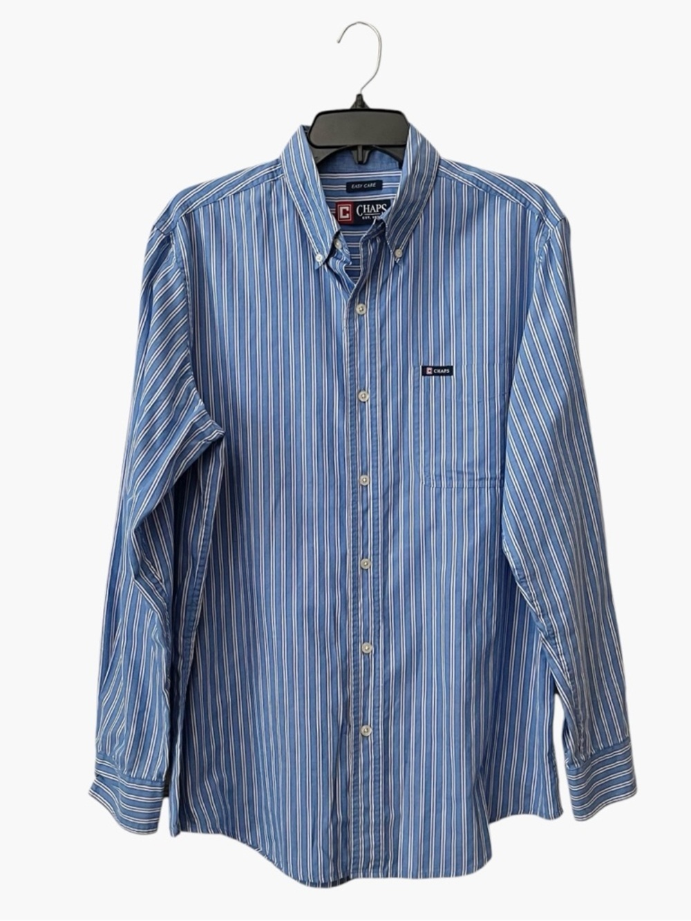 Chaps Easy Care Shirt Men's Size M Blue Striped Cotton Blend Pocket Long Sleeve